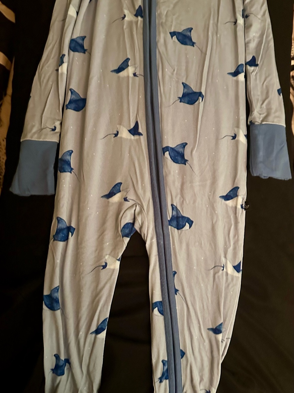 Light Blue Manta Ray Print Kids Footed One-Piece Pajama - Blue Accent